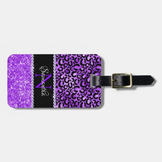 Zwarte en Violet Leopard Spots Glam Monogram Bagagelabel (Voorkant horizontaal)