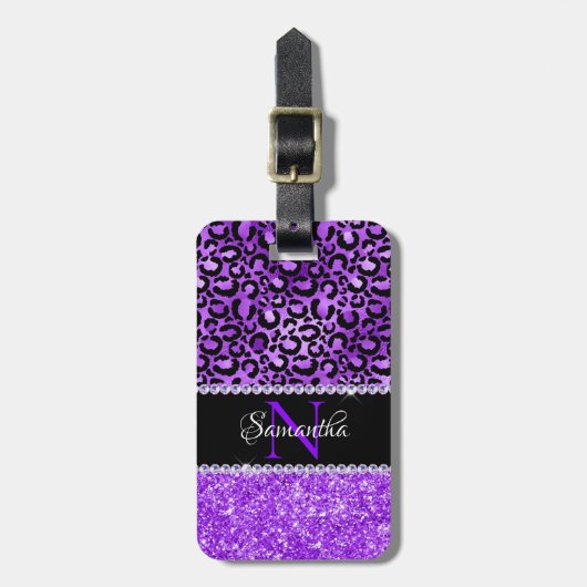 Zwarte en Violet Leopard Spots Glam Monogram Bagagelabel (Voorkant verticaal)