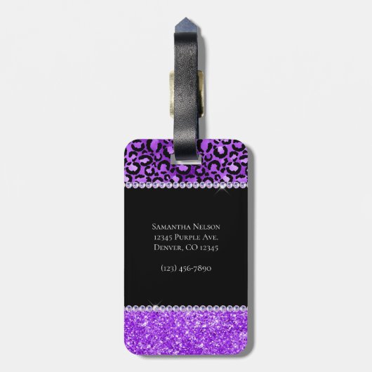 Zwarte en Violet Leopard Spots Glam Monogram Bagagelabel (Achterkant verticaal)