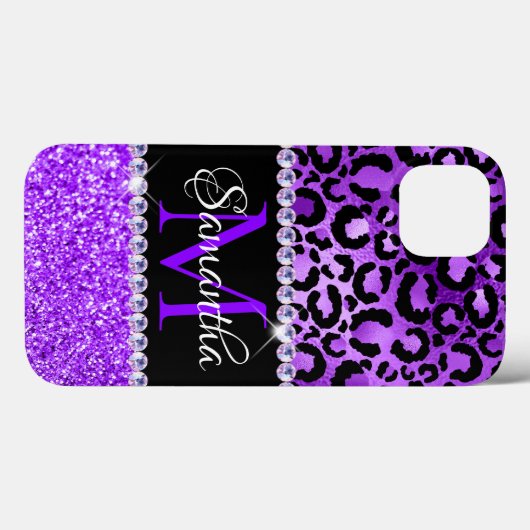 Zwarte en Violet Leopard Spots Glam Monogram Case-Mate iPhone Case (Achterkant (horizontaal))