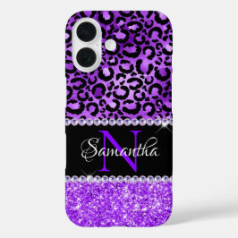 Zwarte en Violet Leopard Spots Glam Monogram iPhone 16 Hoesje