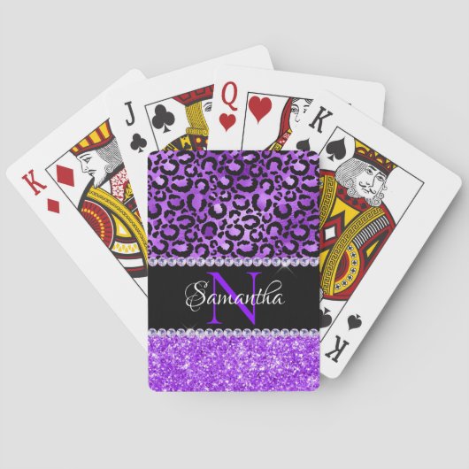 Zwarte en Violet Leopard Spots Glam Monogram Pokerkaarten (Achterkant)