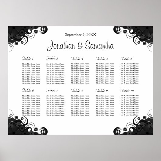 Zwarte en witte 10-weddenschappen Zittingskaarten Poster (Voorkant)