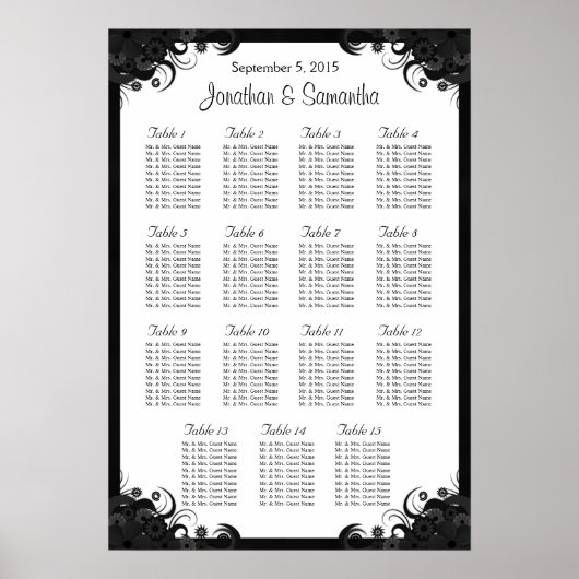 Zwarte en witte 15-weddenschappen Zittingskaarten Poster (Voorkant)