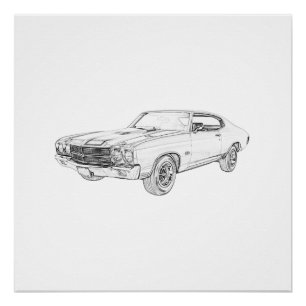 Zwarte en witte 1970 chevy chevelle Pencil Tekenin Poster