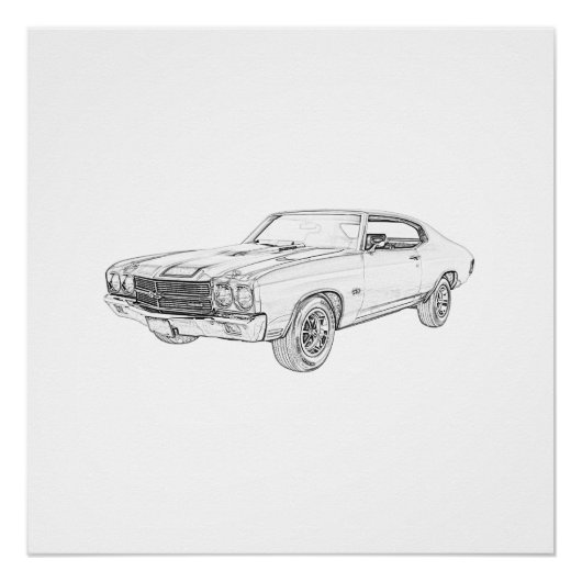Zwarte en witte 1970 chevy chevelle Pencil Tekenin Poster (Voorkant)