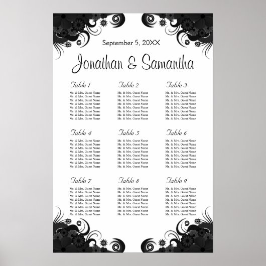 Zwarte en witte 9-weduwentabellen Zitplaatsen Poster (Voorkant)
