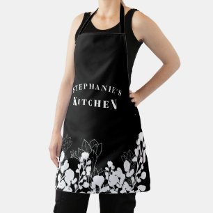 Zwarte en Witte Aangepaste naam Witte Floral Schor Schort