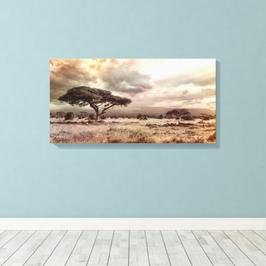 Zwarte en witte acia op de Afrikaanse Savanna Canvas Afdruk (Insitu (Houten vloer))