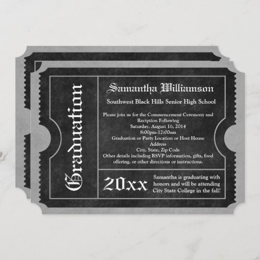 Zwarte en witte Afstuderen Ticket-uitnodigingen Kaart (Voorkant / Achterkant)