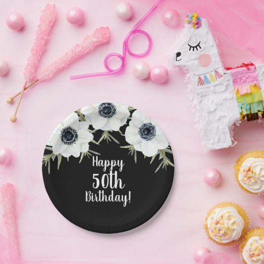 Zwarte en witte annemonen Botanische Floral Papieren Bordje (Feest)