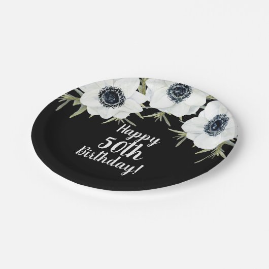 Zwarte en witte annemonen Botanische Floral Papieren Bordje (Gekanteld)