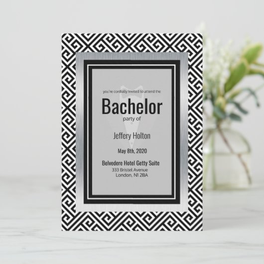 Zwarte en witte bachelorpartij save the date (Staand voorkant)