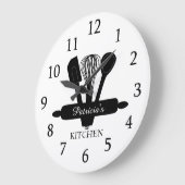 Zwarte en witte bakinstrumenten, keukennaam grote klok (Hoek)
