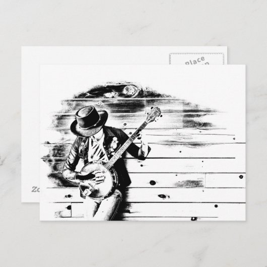 Zwarte en witte banjo Man Post Card Briefkaart (Voorkant / Achterkant)