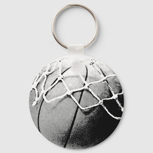 Zwarte en witte Basketball, Hoop, Net Sleutelhange Sleutelhanger (Voorkant)