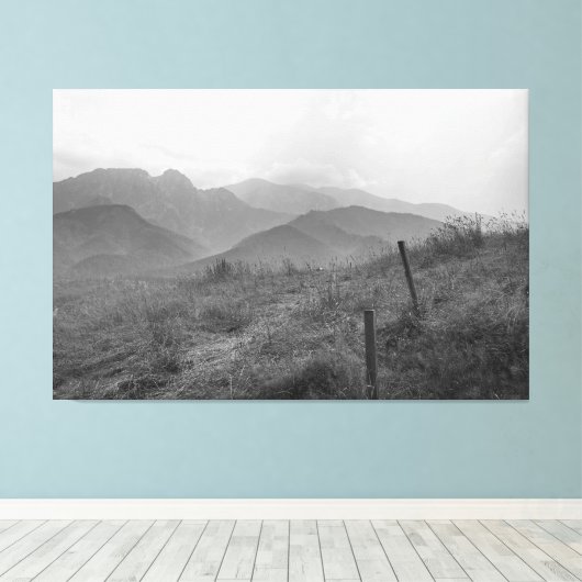 Zwarte en witte bergen canvas. canvas afdruk (Insitu (Houten vloer))