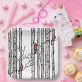 Zwarte en witte berkenbomen en rode kardinaalvogel papieren bordje (Feest)