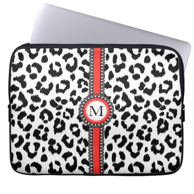 zwarte en witte bladluipdruk met monogram laptop sleeve (Voorkant)