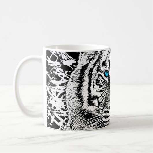 Zwarte en witte blauwe ogen wild tijgergezicht koffiemok (Links)