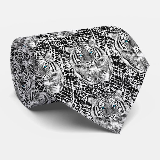Zwarte en witte blauwe ogen wild tijgergezicht stropdas (Opgerold)