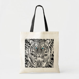 Zwarte en witte blauwe ogen wild tijgergezicht tote bag