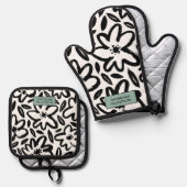 Zwarte en witte bloem moderne naam ovenwant & pannenlap set (Voorkant / Achterkant)