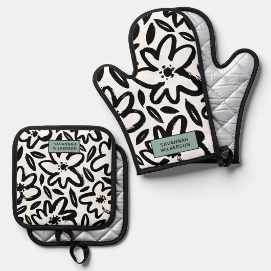 Zwarte en witte bloem moderne naam ovenwant & pannenlap set (Voorkant / Achterkant)