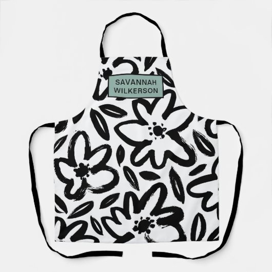 Zwarte en witte bloem moderne naam schort (Voorkant)