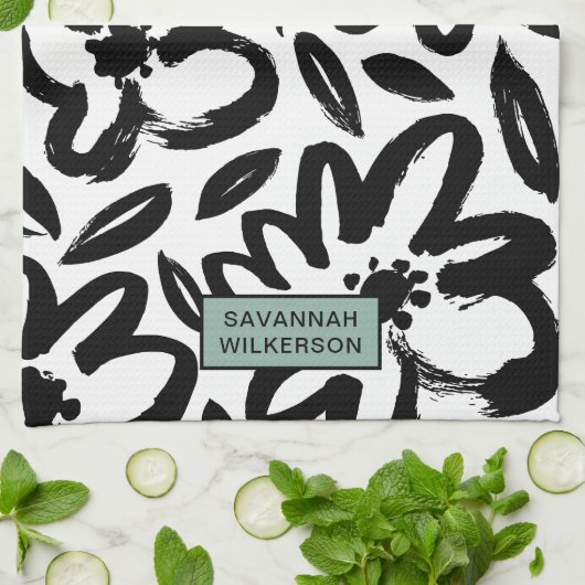 Zwarte en witte bloem naam theedoek (Gevouwen)