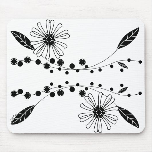 Zwarte en Witte Bloemdesign met vloeiende lijnen Muismat (Voorkant)