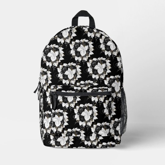 Zwarte en witte bloemen bedrukte rugzak (Voorkant)