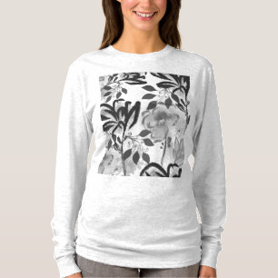 Zwarte en Witte Bloemen Botanische Patroon T-shirt