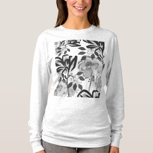 Zwarte en Witte Bloemen Botanische Patroon T-shirt (Voorkant)