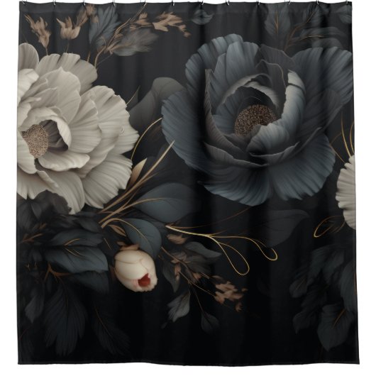 Zwarte en witte bloemen douchegordijn (Voorkant)