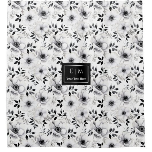 Zwarte en witte bloemen douchegordijn met strakke  (Voorkant)