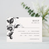 Zwarte en witte bloemen elegant botanische bruilof RSVP kaartje (Staand voorkant)