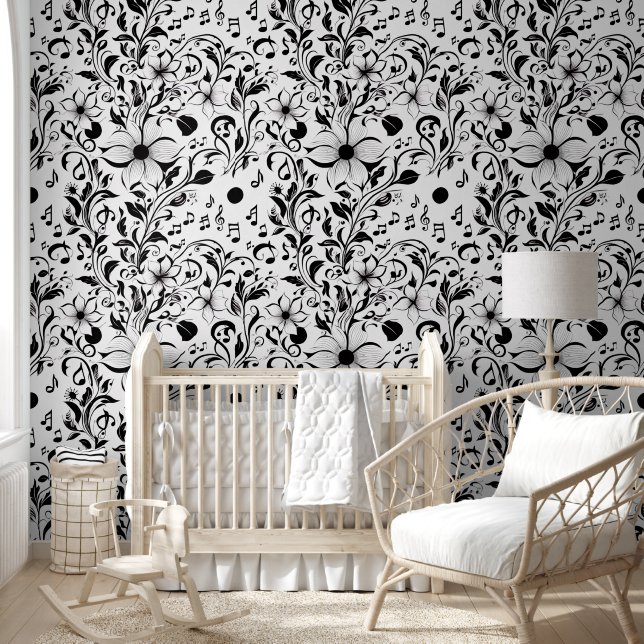 Zwarte en witte bloemen en muzieknoten behang (Kinderen)