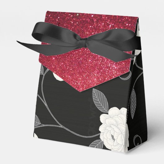 Zwarte en witte bloemen en rode glitter bedankdoosjes (Voorkant Zijde)