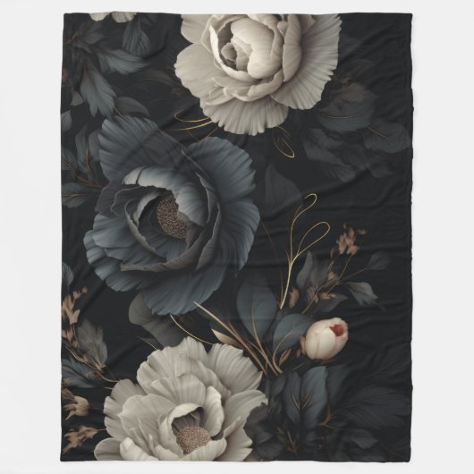 Zwarte en witte bloemen fleece deken (Voorkant)