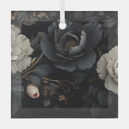 Zwarte en witte bloemen glas ornament (Voorkant)