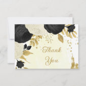 zwarte en witte bloemen gouden botanische bruiloft bedankkaart (Voorkant)
