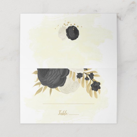 zwarte en witte bloemen gouden botanische bruiloft plaatskaartje (Buitenkant ongevouwen)