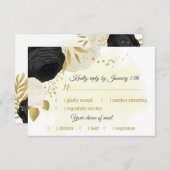 zwarte en witte bloemen gouden botanische maaltijd RSVP kaartje (Voorkant / Achterkant)