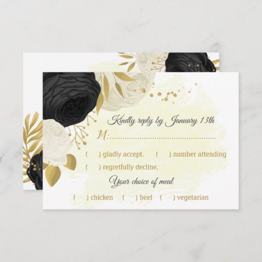 zwarte en witte bloemen gouden botanische maaltijd RSVP kaartje (Voorkant / Achterkant)