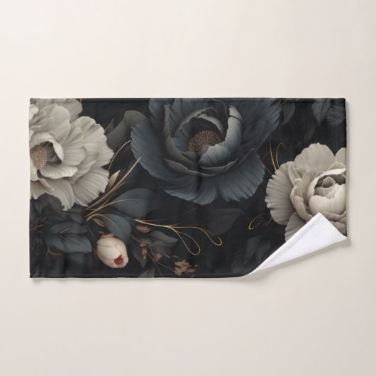 Zwarte en witte bloemen handdoek (Handdoek)