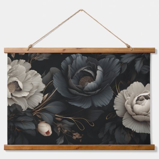 Zwarte en witte bloemen hangend wandkleed (Voorkant)