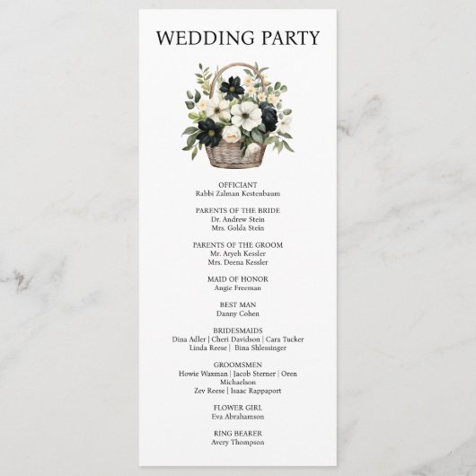 Zwarte en witte bloemen huwelijksceremonie program programmakaart (Achterkant)