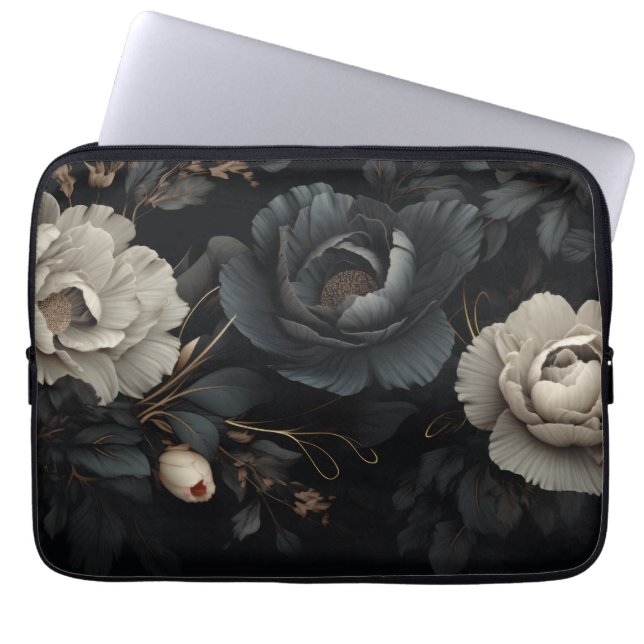Zwarte en witte bloemen laptop sleeve (Voorkant)