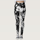 zwarte en witte bloemen leggings (Voorkant)